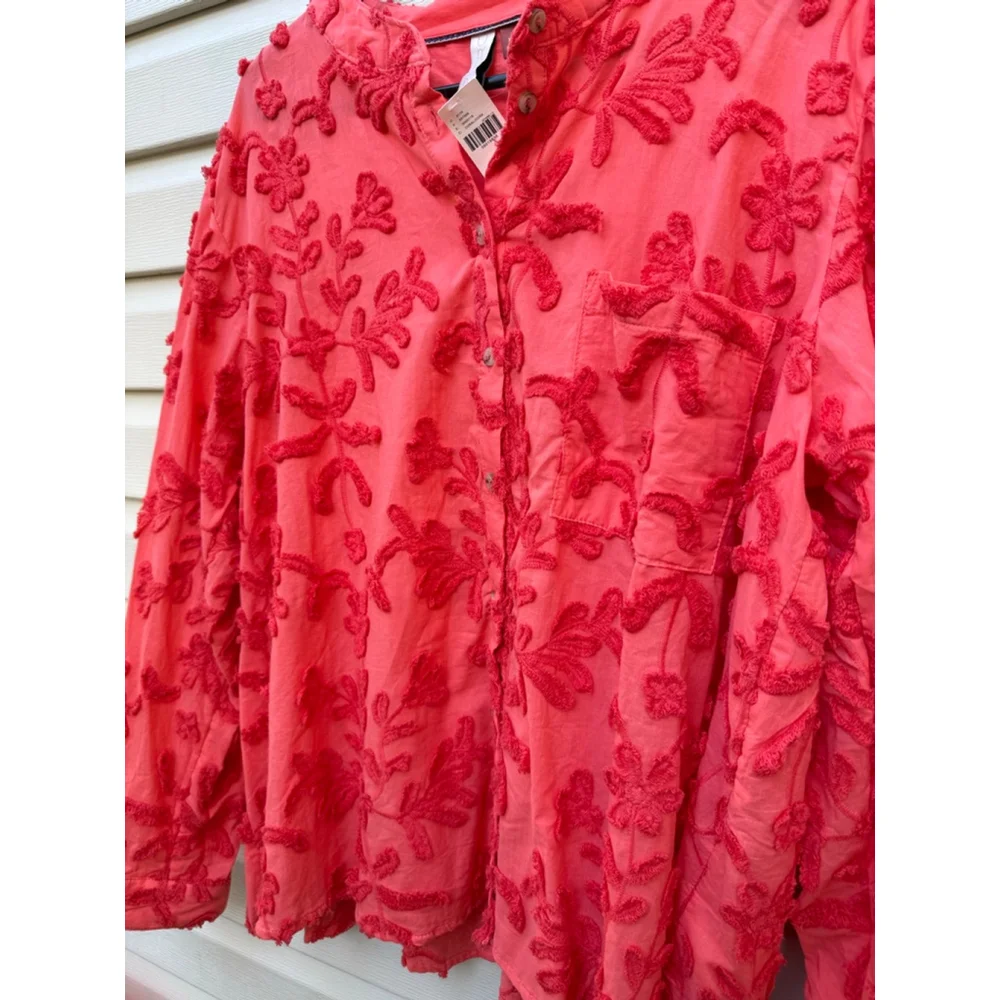 Anthropologie Pilcro The Whitney Textured Trapeze Buttondown Shirt XL NWT Coral - Picture 7 of 9